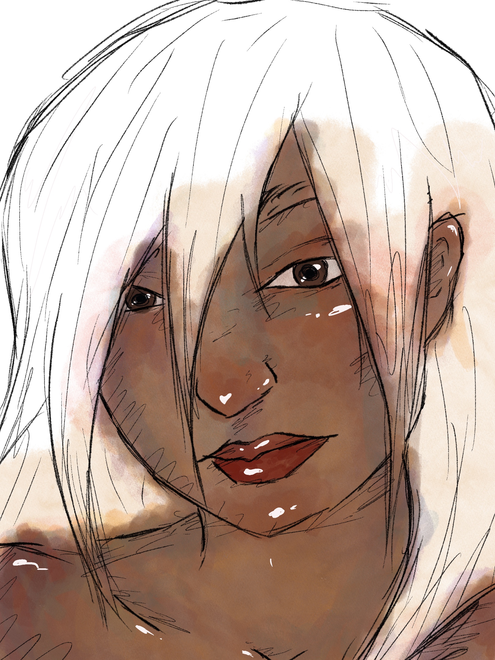 an unfinished drawing of a woman with brown skin, shaded colourfully. her hair is not coloured in