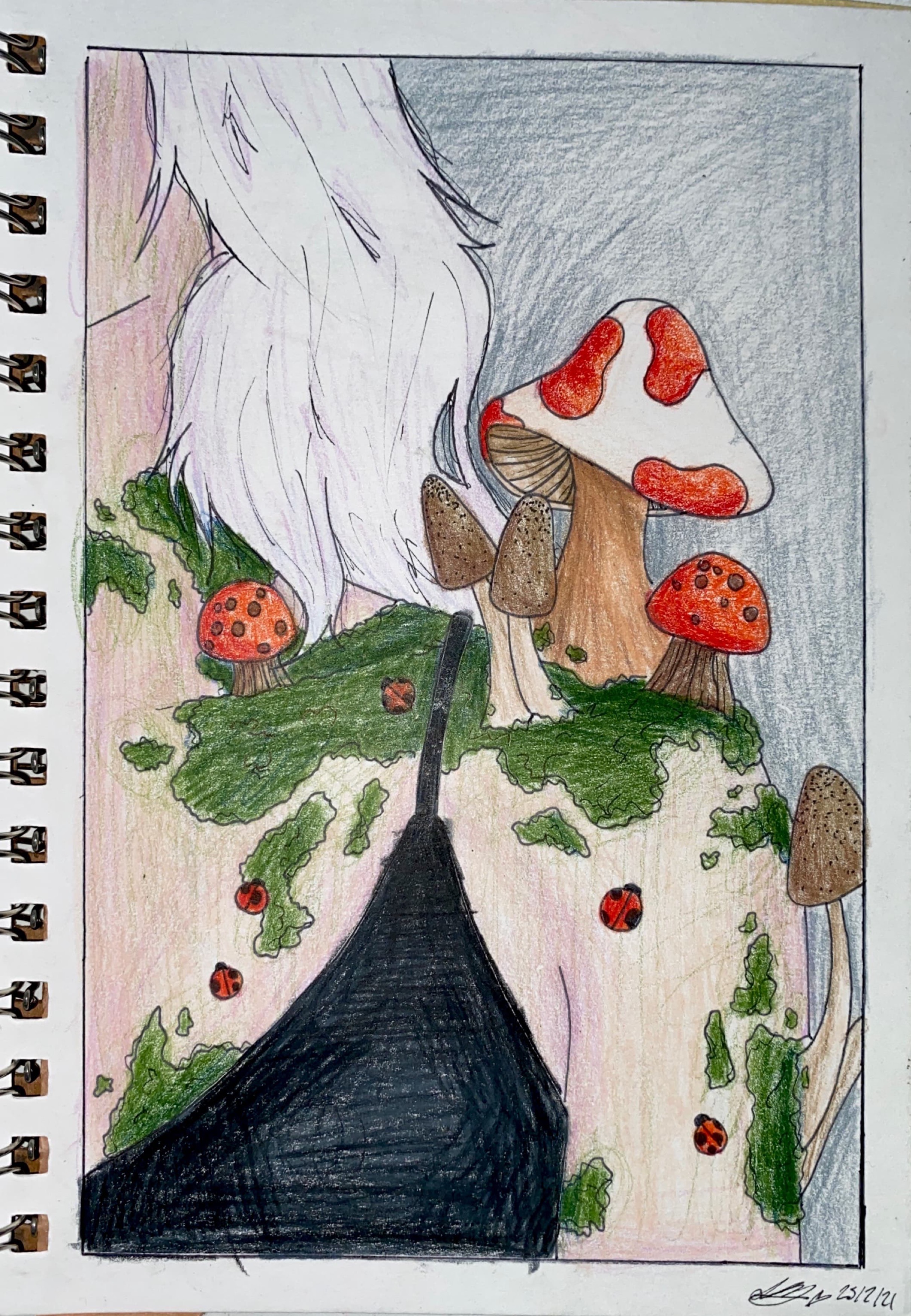 a woman's shoulder. she is pale, has white hair and moss and mushrooms are growing on her
