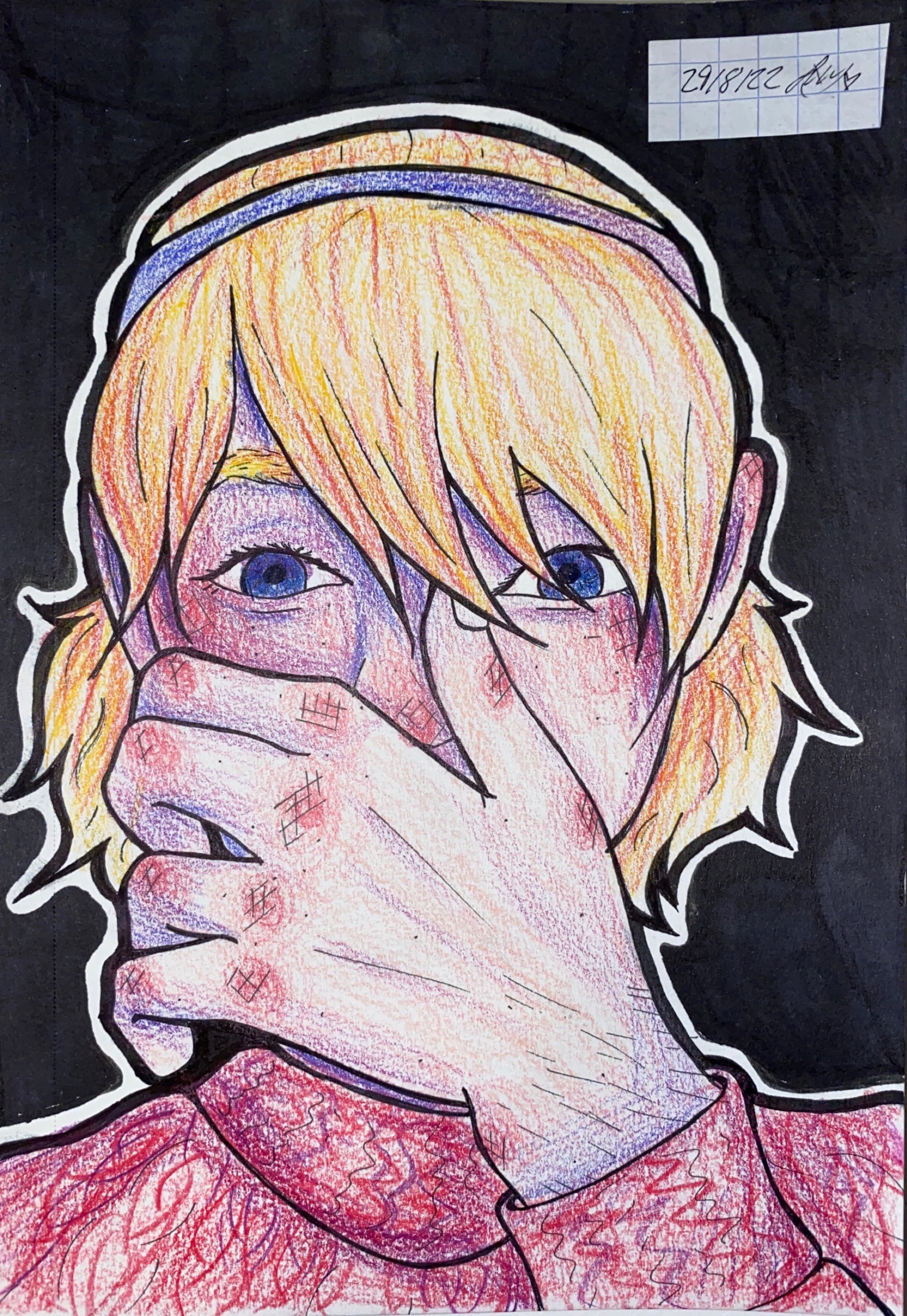 a very colourful pencil crayon drawing of a woman holding her hand over her face in shock