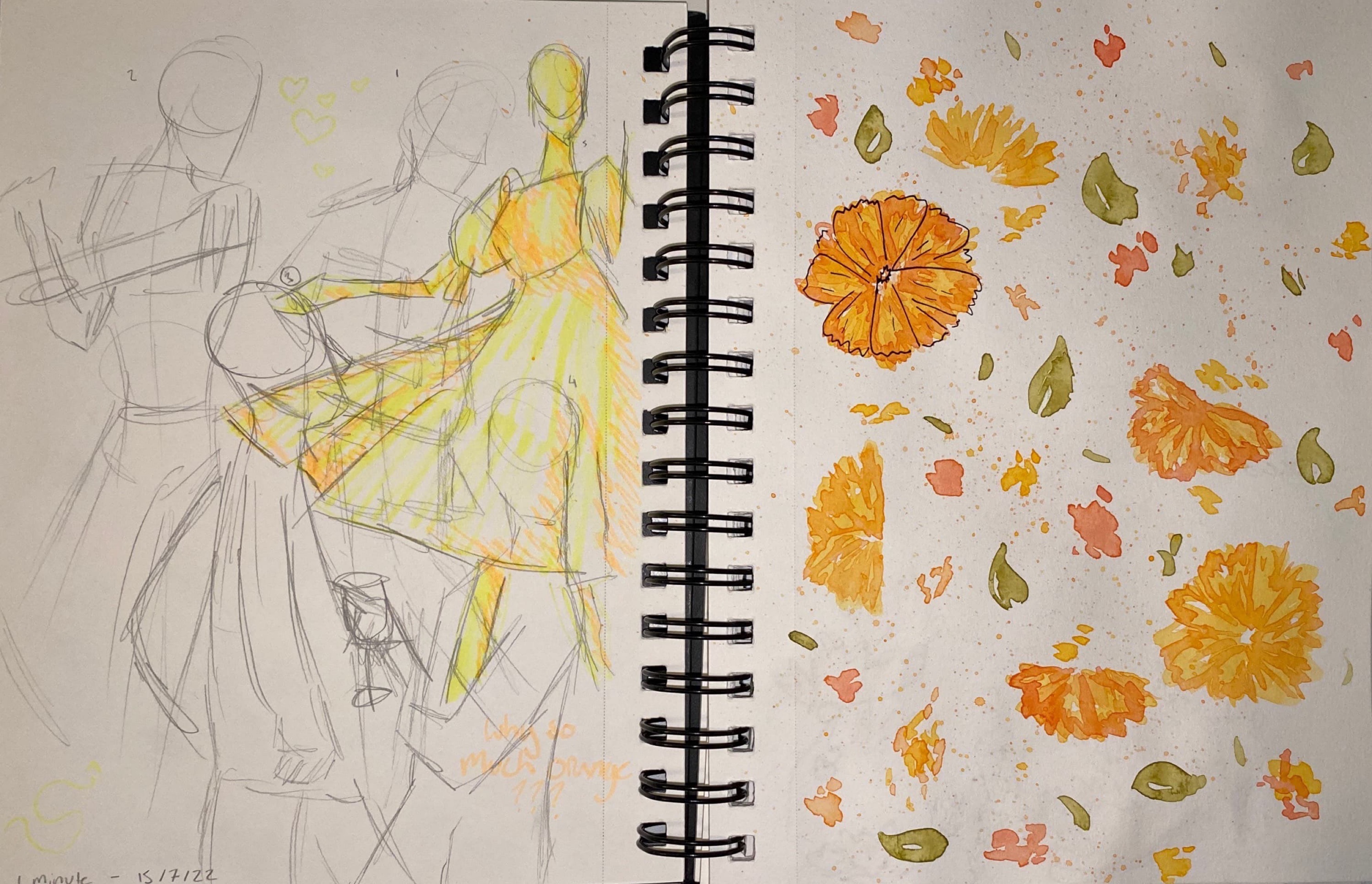 2 pages: a few gesture drawings and a bunch of watercolour flowers