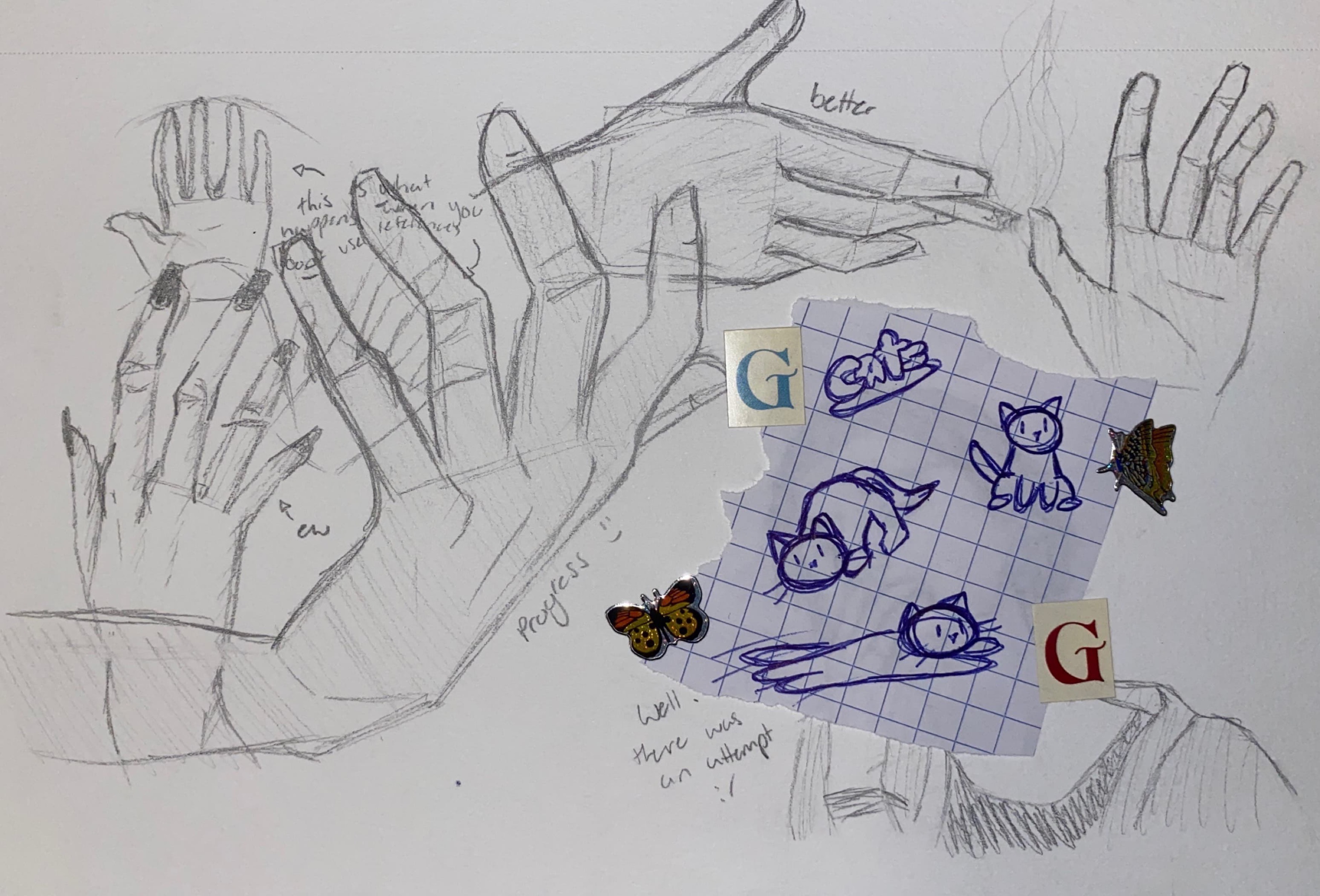 a bunch of gesture drawings of hands with notes and cat doodles