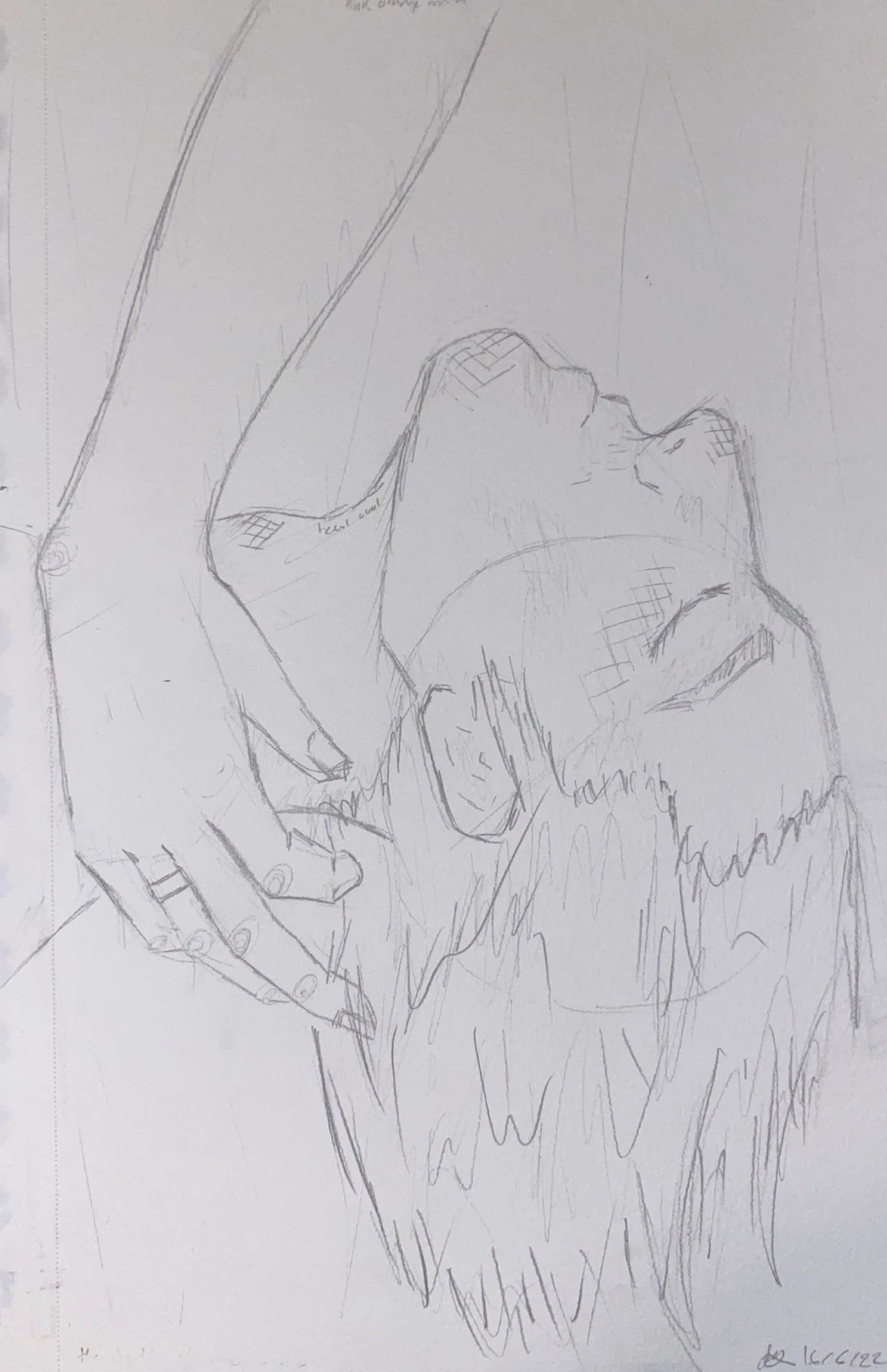 a sketch of a head being gentle raised by another hand