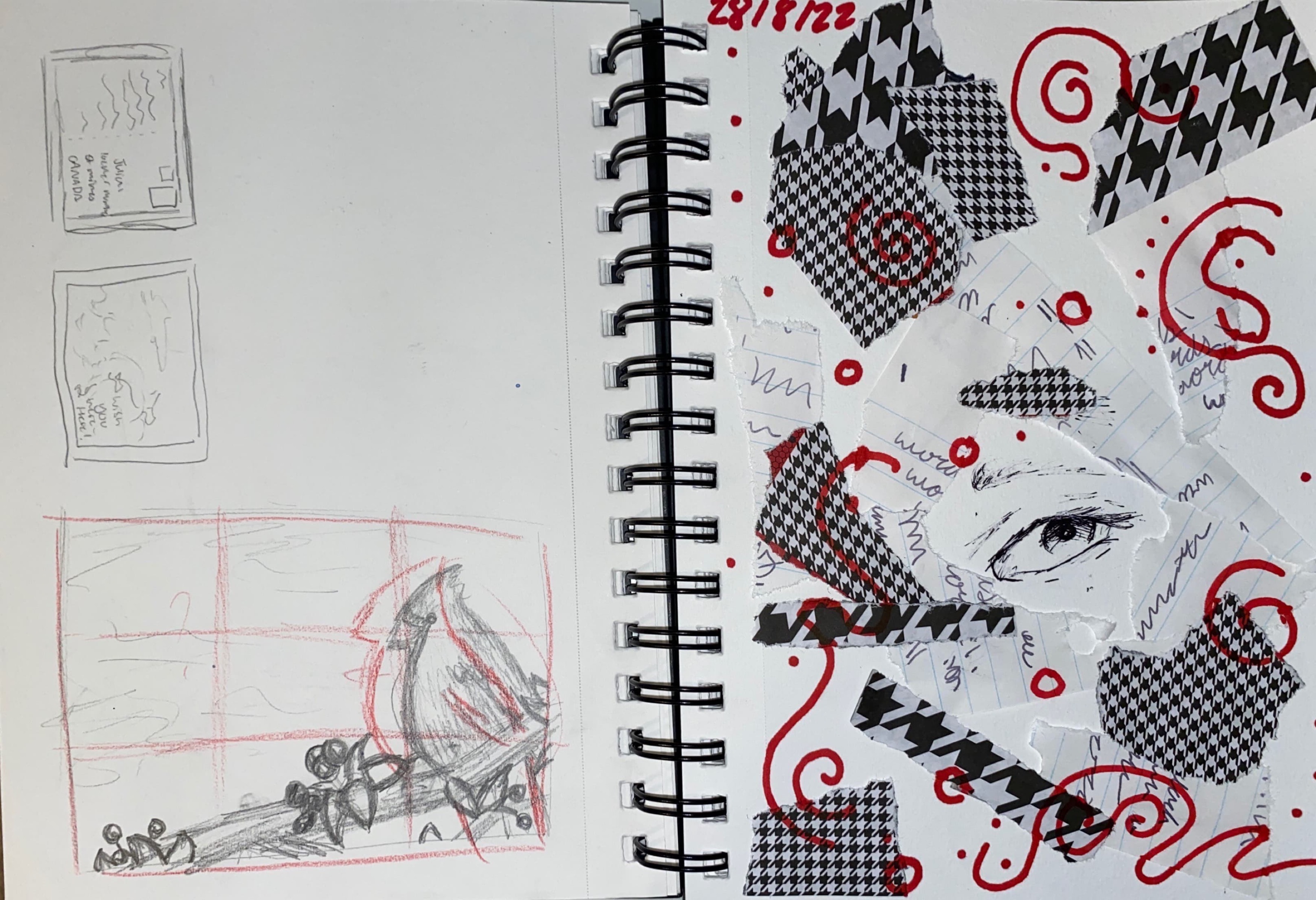 2 pages: a few thumbnail sketches and a black, white and red collage