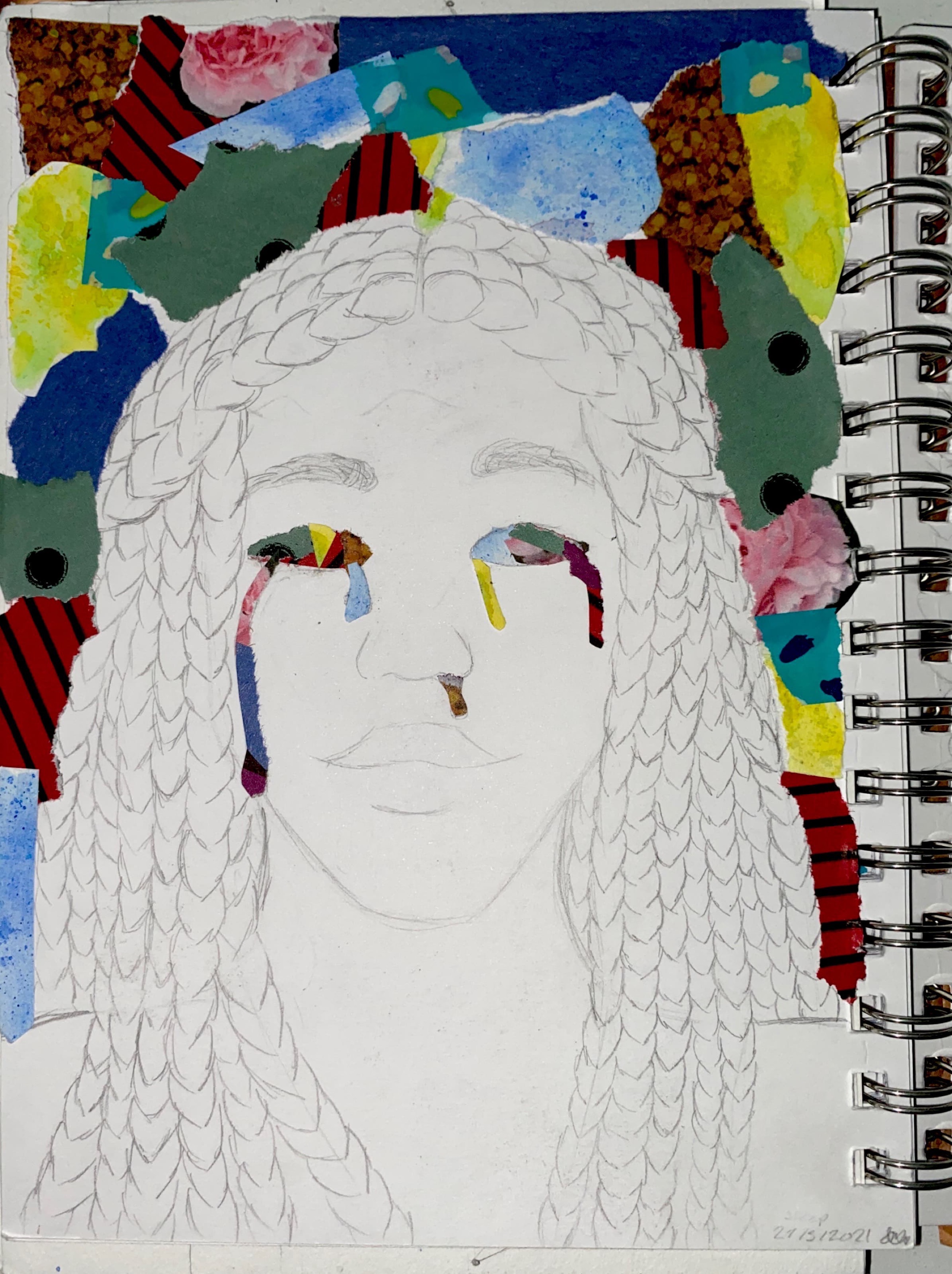 a sketch of a woman. her eyes and the background are filled with a colourful collage