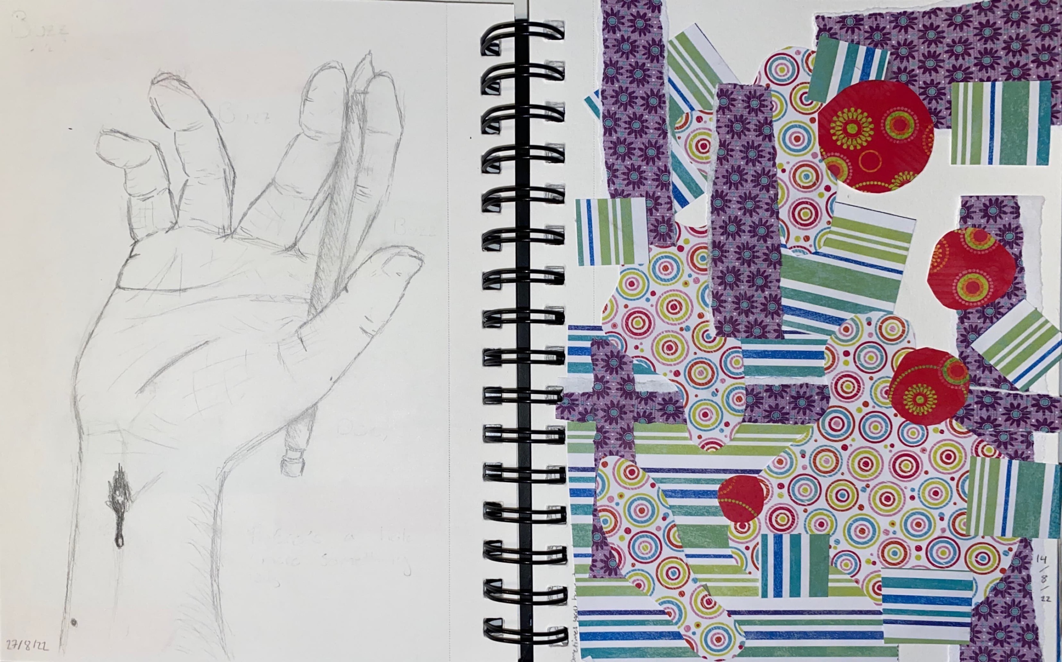 2 pages: a hand with stigmata holding a pencil and a multicoloured collage