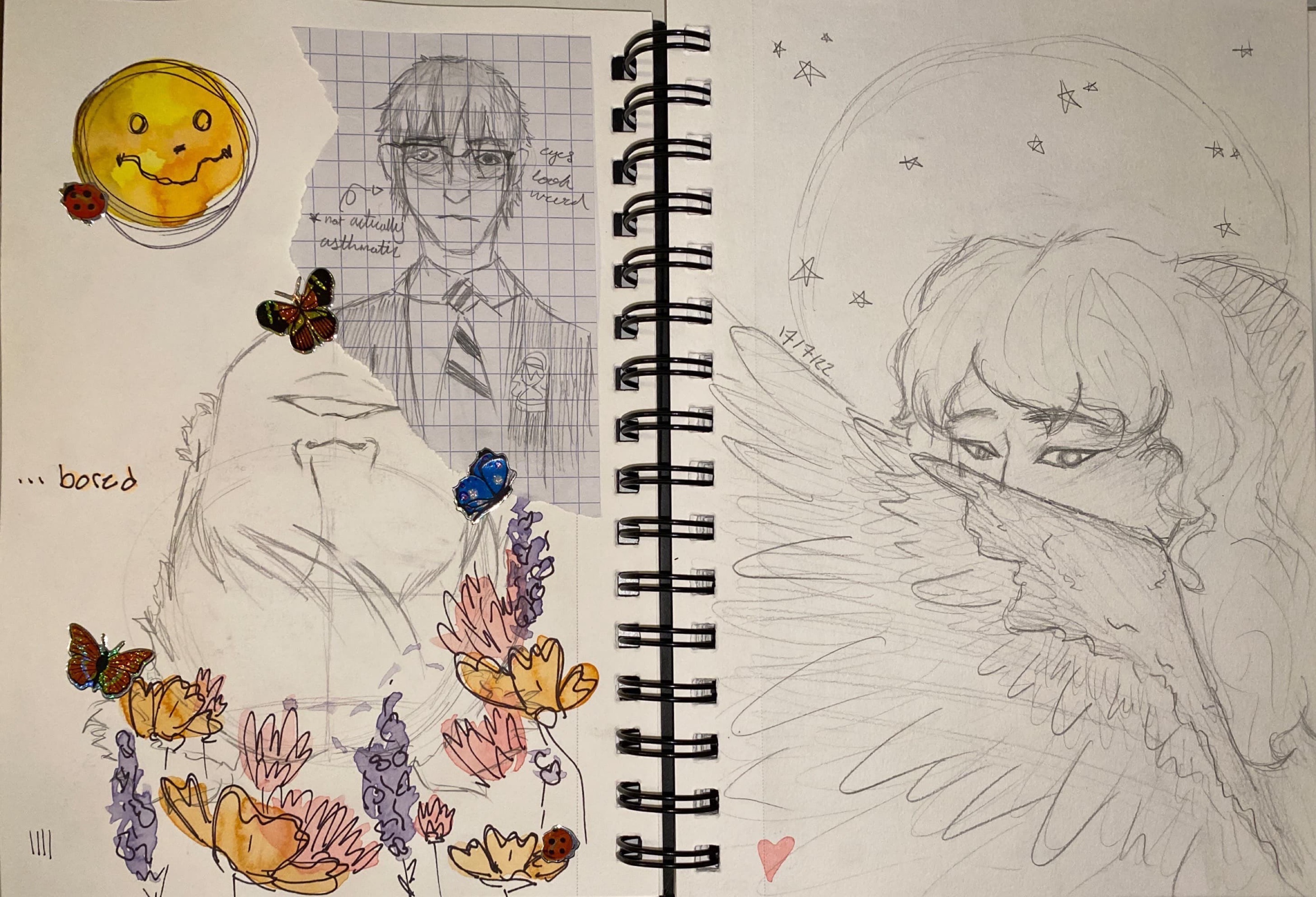 2 pages: a series of drawings including mikey way in the im not okay music video, a smiley face, an upside down unfinished face and some watercolour flowers, and an angel