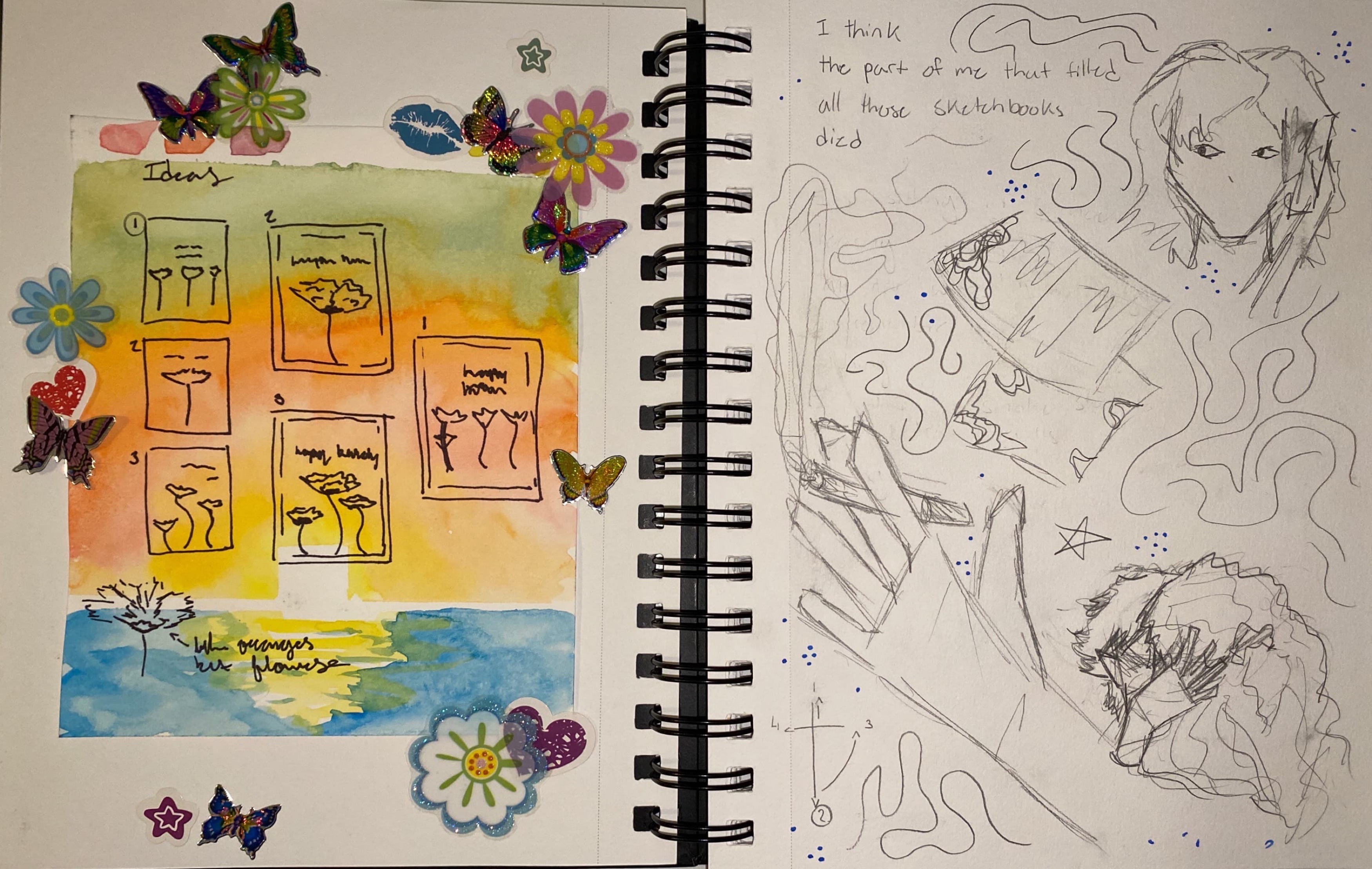2 pages: a watercolour thumbnail and a bunch of disorganized sketches with the text 'i think the part of me that filled all those sketchbooks died' 