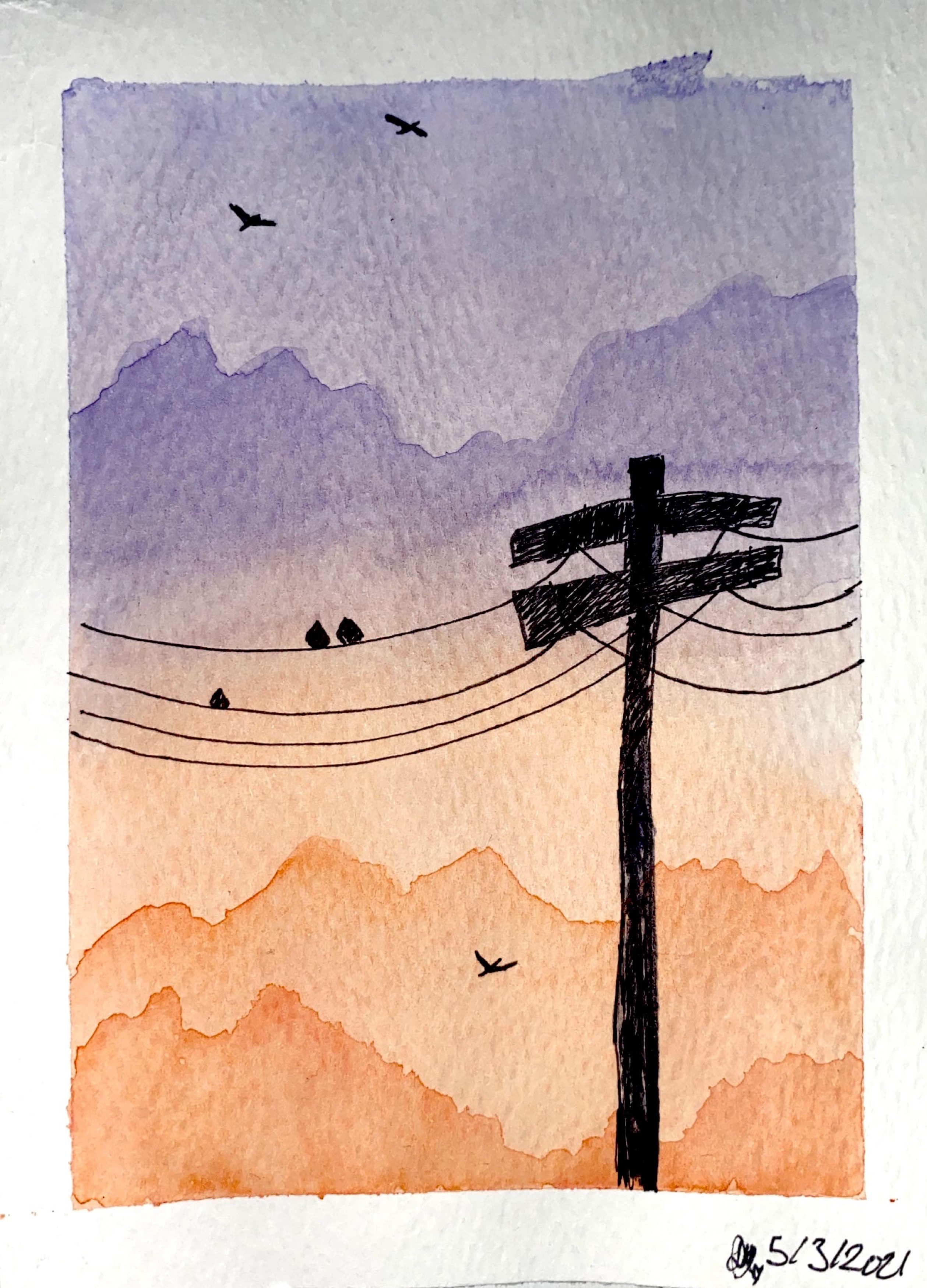 a telephone pole over a orange and purple sunset